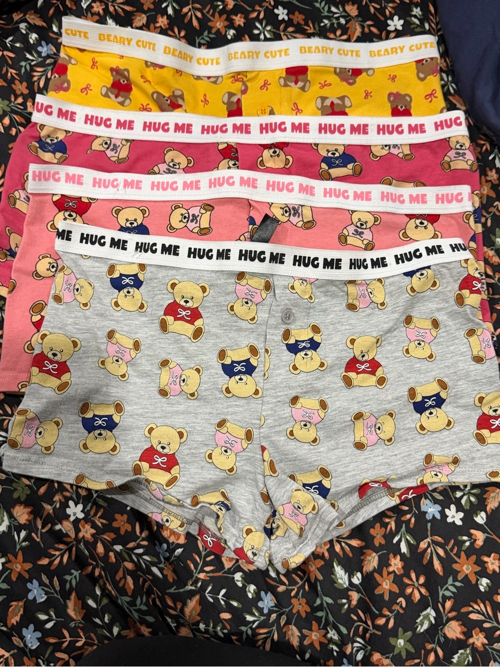 NWOT 4 Pack Beary Cute Boxer Briefs/Boyshorts - Grey, Peach, Pink, Yellow.